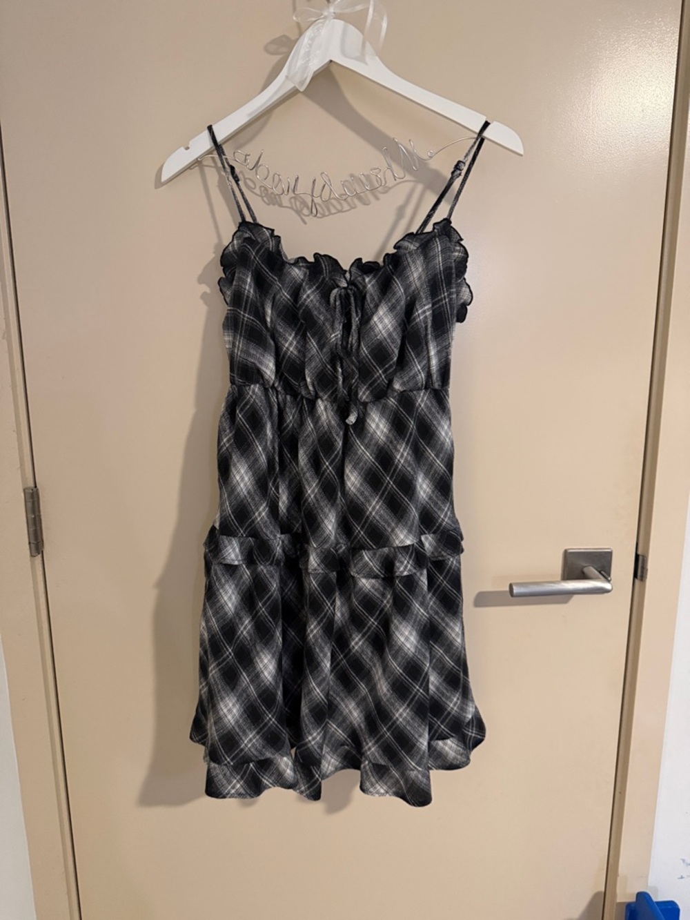 ❣️5 for $100 Ingni Japan Black Plaid Ruffle-Trim Spaghetti Strap Dress